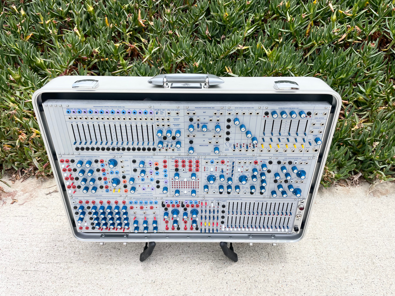 Buchla Tiptop 200t series with BPNYC ZERO Halliburton Eurorack Modular Travel Case SILVER 122hp 9U w/MARF